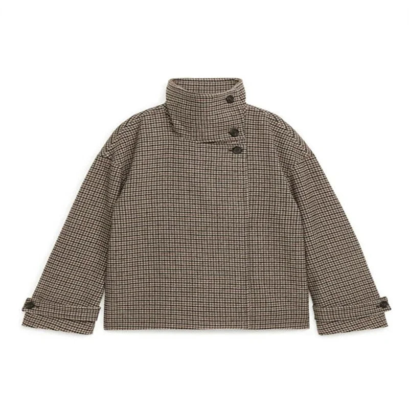 MQTIME  -  Women's Brown Plaid Print Stand Collar Asymmetric Button Front Jacket With Long Sleeves Casual Outerwear 2025 Autumn Lady Coat