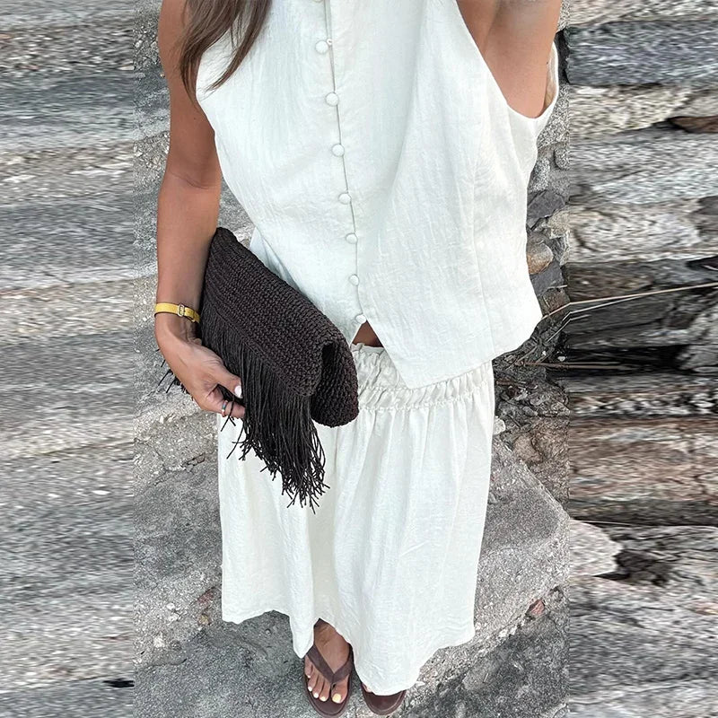 MQTIME  -  Casual Solid Vest Pleated Skirt Set Women Sleeveless Button Patchwork Tops A-line Skirts Sets Female 2025 Summer Beach Lady Suit