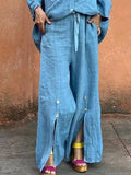 MQTIME  -  Women's Blue Flowy Wide Leg Pants Drawstring Elastic Waist Split-front Wide Leg Trousers Summer Casual Bottoms