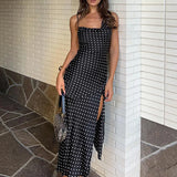 MQTIME  -  Elegant Halter Swing Neck Vacation Dress Women Sexy Split Sleeveless Slim Beach Party Dress Fashion Polka Dot Sling Long Dresses