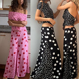MQTIME  -  Sexy Swing Collar Tops & Long Skirt Suit Women Elegant Simple Polka Dot Print Party Skirt Outfits Casual Sleevless Slim 2Pc Sets
