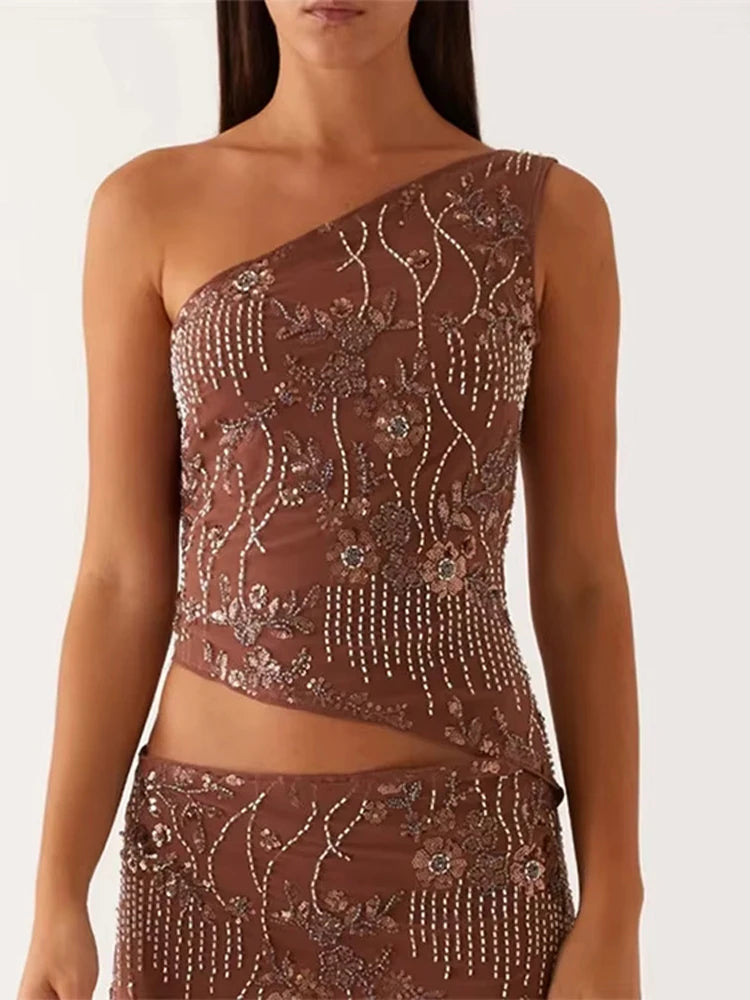 MQTIME  -  Elegant Bead Sequin Vest Embroidered Hip Hugging Half Skirt Women Set Slim Top Straight Tube Skirts 2025 Summer Party Lady Dress