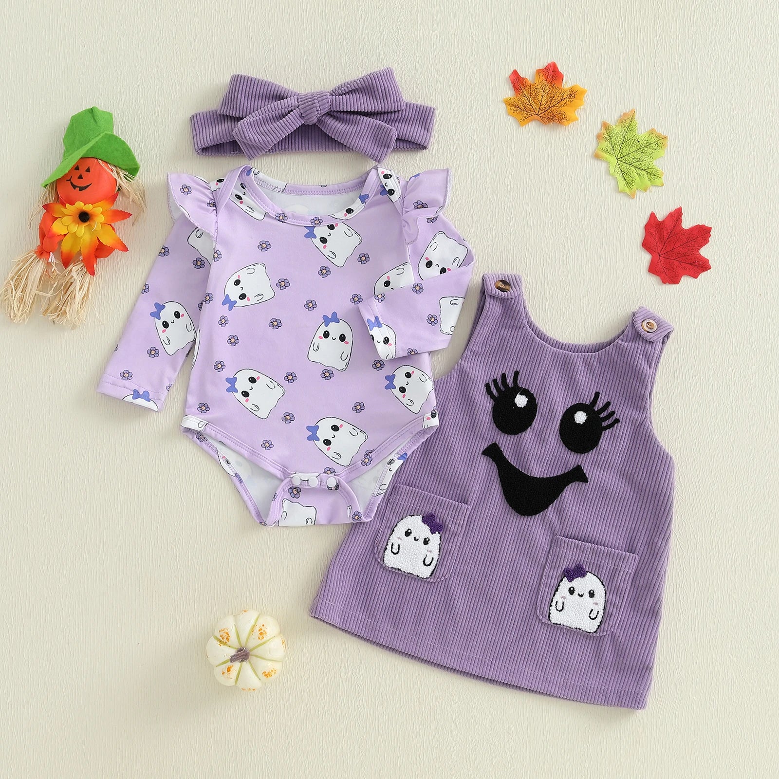 MQTIME  -  Toddler Boy Halloween Costume Pumpkin Print Short Sleeve Romper Embroidery Overalls Hat Set for Party Dress Up