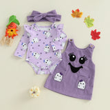 MQTIME  -  Toddler Boy Halloween Costume Pumpkin Print Short Sleeve Romper Embroidery Overalls Hat Set for Party Dress Up