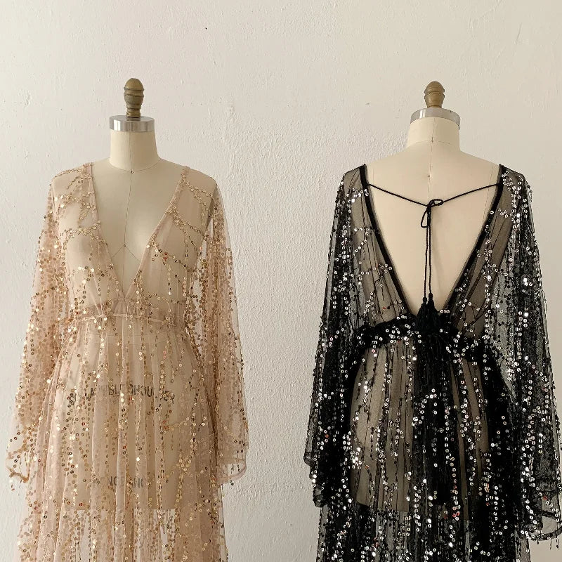 MQTIME  -  Sexy Sequin Maternity Photography Long Dress Lace Perspective Pregnancy Dress Photo Shoot Gown Baby Shower Dress