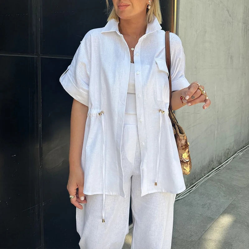 MQTIME  -  Summer Elegant Button Wide Leg Suit Casual Short Sleeve Shirt & Long Pant Outfits Women Fashion Lapel Solid Loose 2Pc Sets