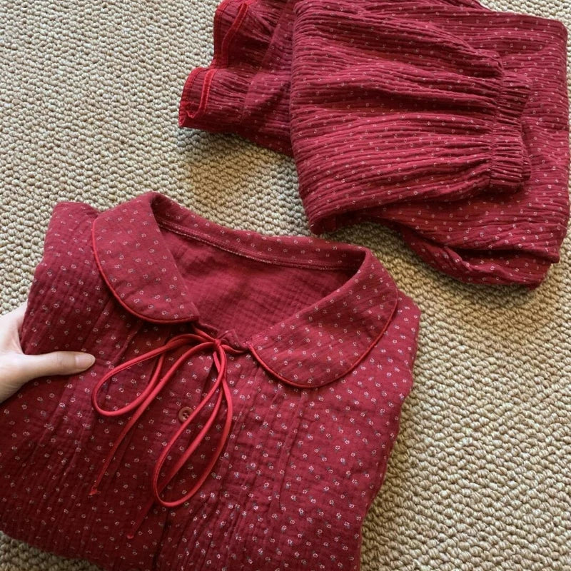 MQTIME  -  French Retro Red Floral Pajamas Women's Spring and Autumn Festive Loungewear Two-piece Set Comfortable Breathable Skin-friendly