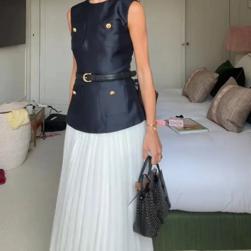 MQTIME  -  Casual Patchwork Pleated Dress Women Office Sashes O-neck Sleeveless Button Dresses Female 2025 Summer Fall Evening Robes Lady