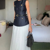 MQTIME  -  Casual Patchwork Pleated Dress Women Office Sashes O-neck Sleeveless Button Dresses Female 2025 Summer Fall Evening Robes Lady