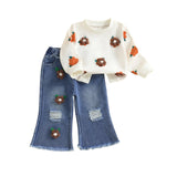 MQTIME  -  Girls Autumn Fashion Floral Print Hoodie and Distressed Denim Flare Pants Set for Toddlers