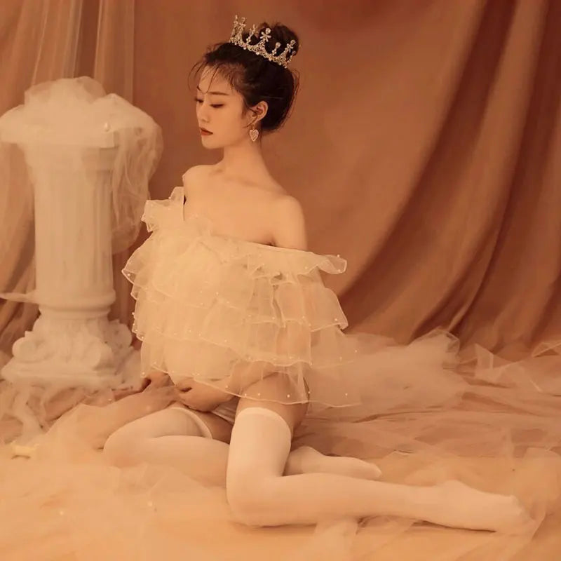 MQTIME  -   Sexy Shoulderless Bodysuit Rulles Tulle Pregnancy Dress White Maternity Photography Dresses for Photo Shoot Prop Accessories