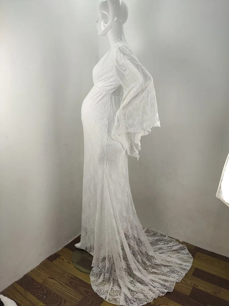 MQTIME  -  Pregnancy Flared Sleeves Lace Embroider Maternity Dress Photography Props Clothes Photo shoot Maxi Gown Pregnant Women Dresses