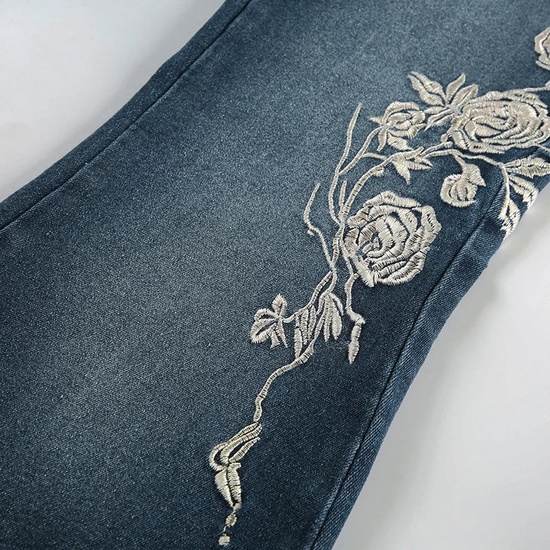 MQTIME  -  Chic Rose Embroidered Gradient Slightly Flared jeans for Women Slim Low Rise Dragging Denim Pants Casual Elegant Fashion Trouser