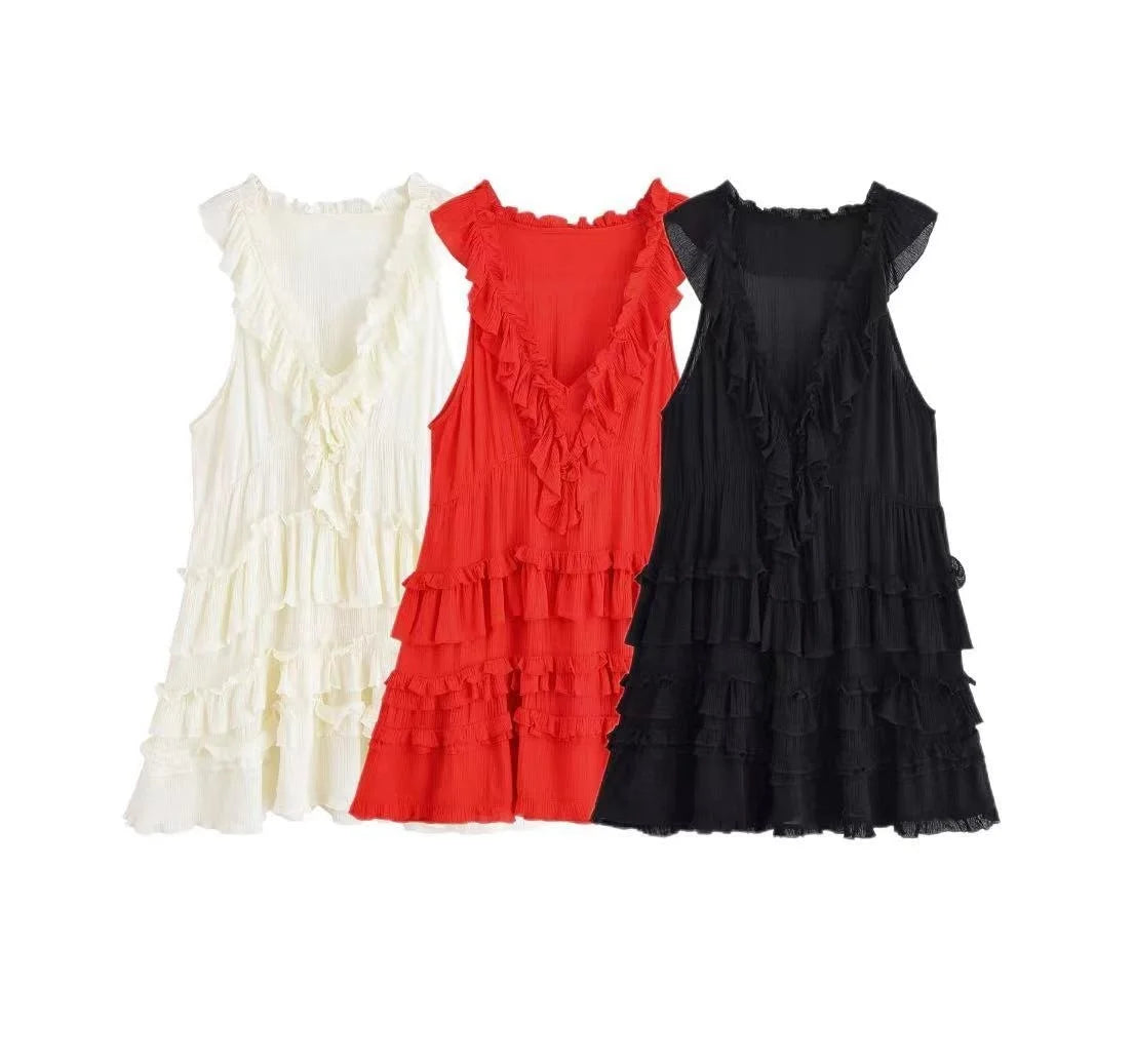 MQTIME  -  Summer New Arrivals Women's Retro Casual French Ruffle Sleeveless V-Neck Cake Skirt Fashion Mini Dress