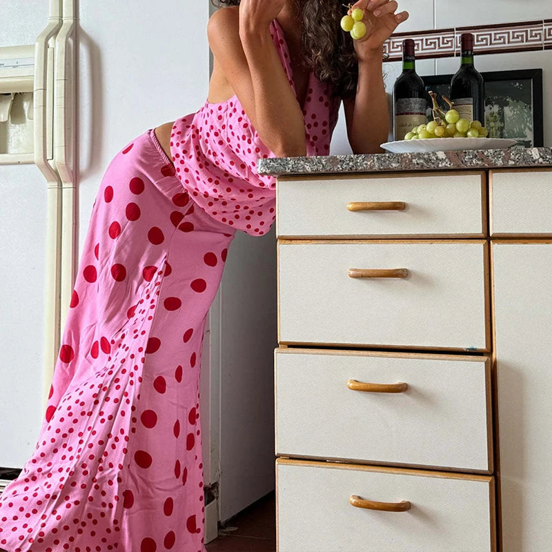 MQTIME  -  Sexy Swing Collar Tops & Long Skirt Suit Women Elegant Simple Polka Dot Print Party Skirt Outfits Casual Sleevless Slim 2Pc Sets