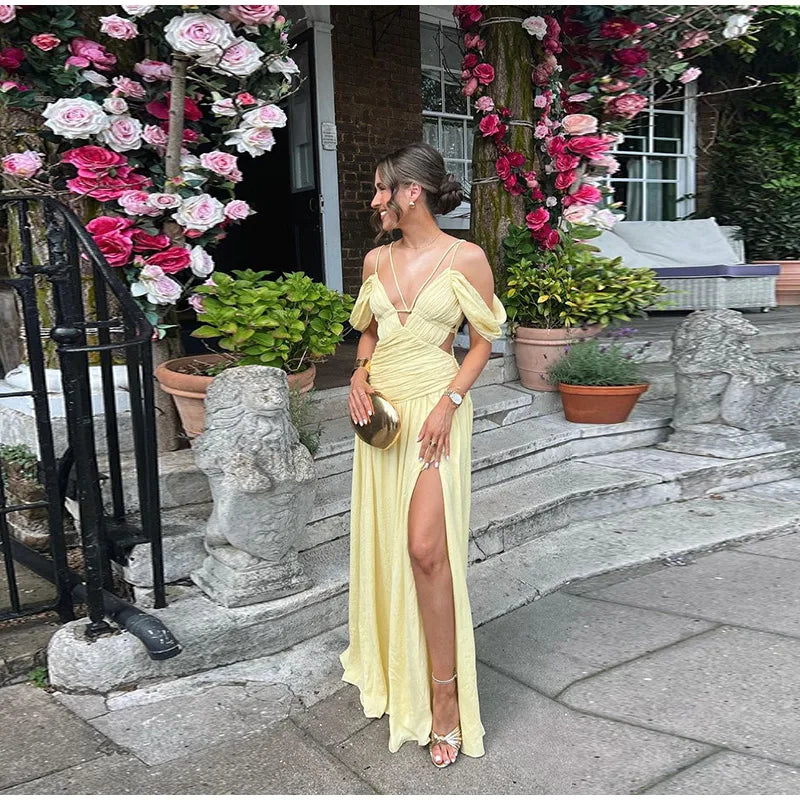 MQTIME  -   Elegant Women's Butter Yellow Maxi Dress Off-Shoulder  Plunge Ruched Waist Side Cutout High Side Slit Formal Evening Party Gown