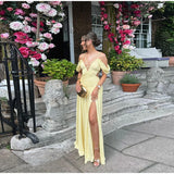 MQTIME  -   Elegant Women's Butter Yellow Maxi Dress Off-Shoulder  Plunge Ruched Waist Side Cutout High Side Slit Formal Evening Party Gown
