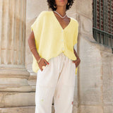 MQTIME  -  Women's Y2K Basic Loose Fit Short Sleeve Knitwear Cardigan Solid Color Button Down Deep V-Neck Lightweight Sweaters