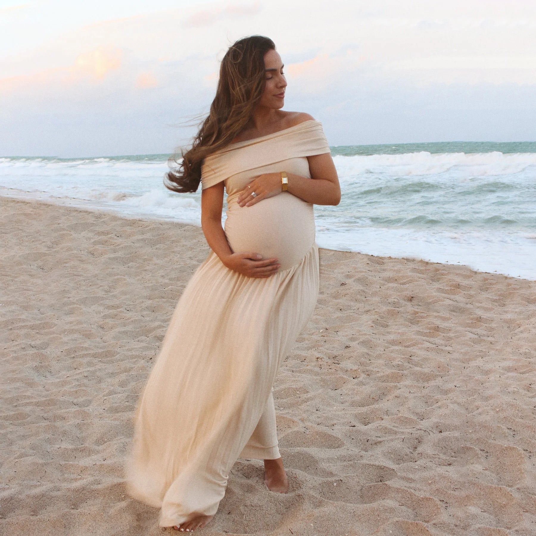 MQTIME  -   Maternity Photoshoot Dress  Baby Shower , Pregnancy Photography Outfit Elegant Off Shoulder Sexy pleated French long skirt