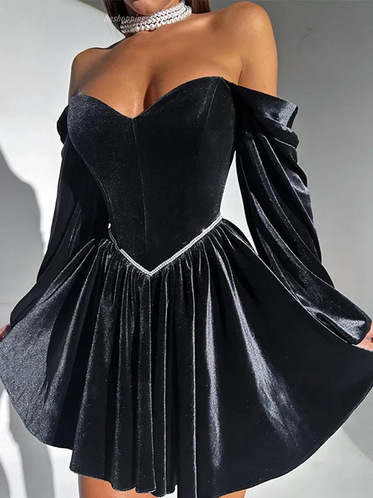 MQTIME  -  Sexy Velvet Strapless Short Party Dress Women Off Shoulder Long Sleeve Bandage Dresses 2025 Autumn New Lady Christmas Vestidos