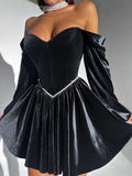 MQTIME  -  Sexy Velvet Strapless Short Party Dress Women Off Shoulder Long Sleeve Bandage Dresses 2025 Autumn New Lady Christmas Vestidos