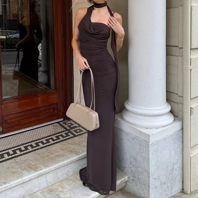 MQTIME  -  Women Gown Strapless Vestidos Brown Halter Off-shoulder Sexy Maxi Dress Sleeveless Backless Folds Club Party Long Dresses