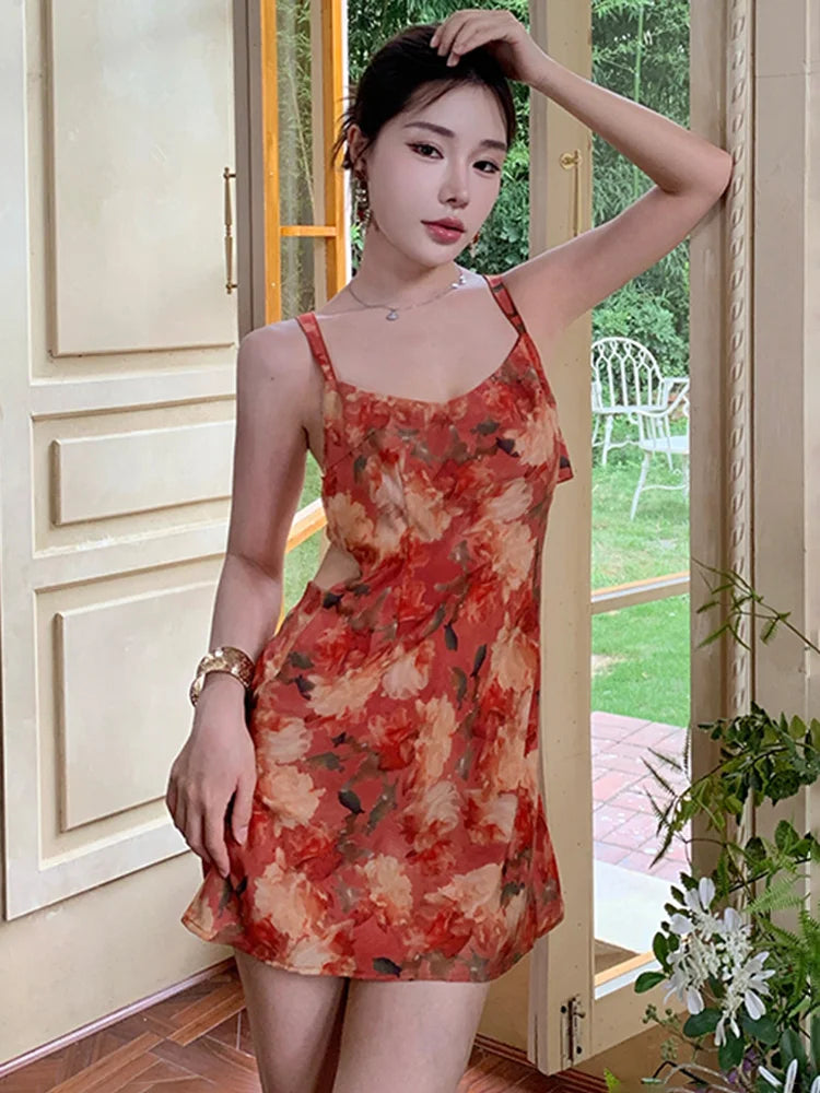 MQTIME  -   Retro Floral Women Mini Dress Summer Beach Backless Camisole Sexy Dress High Waist A Line Vacation Casual Fashion Sweet Dress