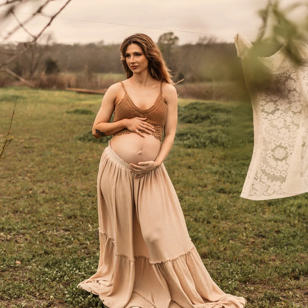 MQTIME  -  Maternity Photography Props Dress Linen Cotton Long Skirt&Knit Camisole Top Pairing Wilderness Style Photography Clothing