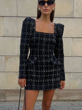 MQTIME  -  Tweed Plaid Elegant Long Sleeve Mini Dress Women Square Collar High Waist 2025 Autumn Casual Dresses Party Evening Lady Robe