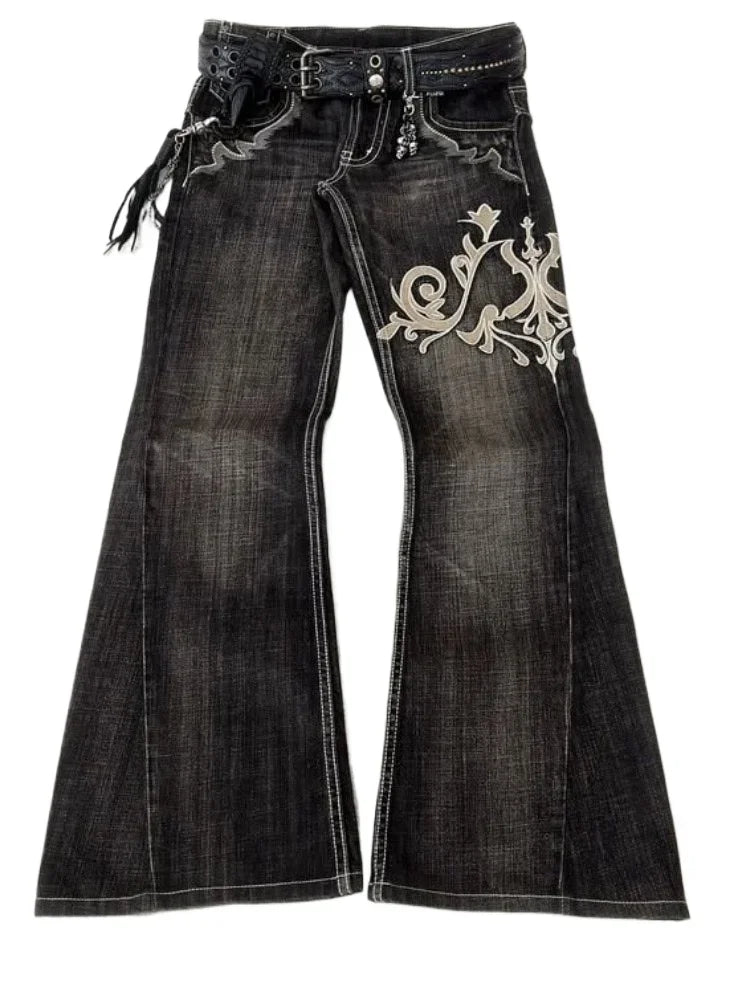 MQTIME  -  New Y2k Retro Flared Jeans Women Harajuku Gothic Embroidery Denim Pants Vintage Punk Baggy Street Grunge Washed Trousers