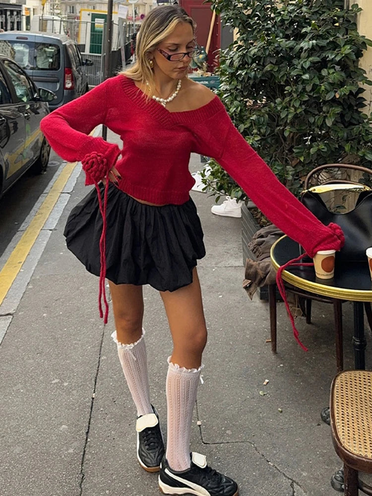 MQTIME  -  Elegant Knitted V-neck Red Sweater Women Vintage 3D Flower Drawstring Long Sleeve Sweaters Female Christmas Chic Street Knitwear