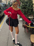 MQTIME  -  Elegant Knitted V-neck Red Sweater Women Vintage 3D Flower Drawstring Long Sleeve Sweaters Female Christmas Chic Street Knitwear