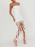 MQTIME  -  Strapless Party Gowns for Women 2025 Summer Sexy Tasseled Bodycon Mini Dress Solid White Skinny Evening Dresses