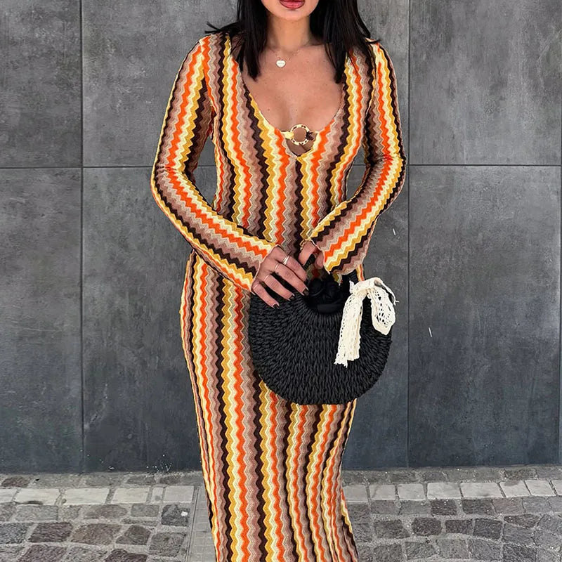 MQTIME  -  Elegant Stripes Print Hollow Out Long Dress Women Sexy V-neck Long Sleeve Wrap Hip Dress Fashion Hight Waist Slim Party Dresses