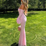 MQTIME  -  Fashion Mesh Lace Embroidery Long Dress Elegant One Shoulder Slim Fishtail Dress Women Casual Flared Sleeve Solid Evening Dress