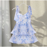 MQTIME  -  Elegant Printed Short Dresses Women Chic Lace Up Sleeveless Puff Dress Female Summer Holiday High Waist Lady Vestidos Beachwear