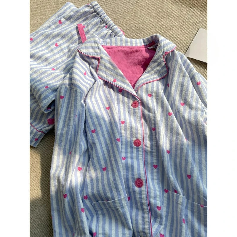 MQTIME  -  Ins Korean Version of Sweet Love Printing Striped Pajamas Women's Spring and Autumn New Long-sleeved Trousers Loungewear Set