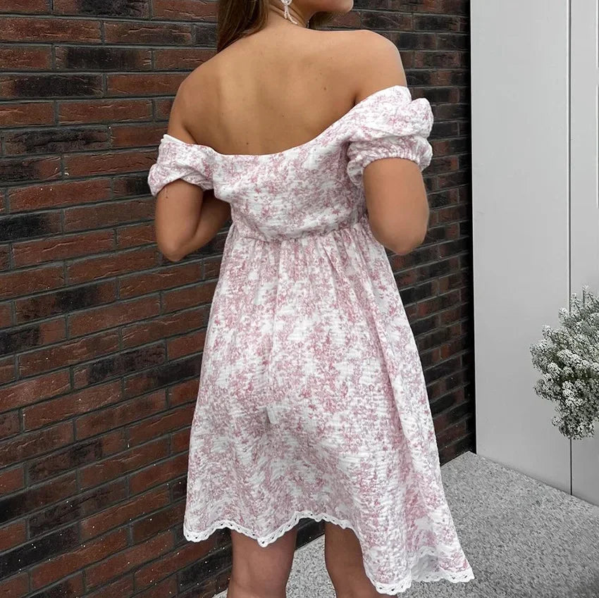 MQTIME  -  Fashion Style Short Skirt with Floral Pattern Summer Strappy Dress with Puff Sleeve, Elegant Waist Closure A-Line Skirt