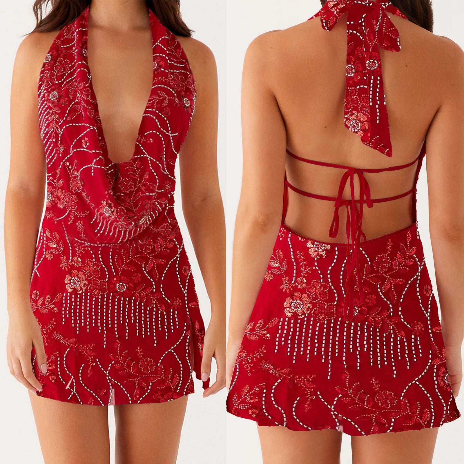 MQTIME  -  Women Sleeveless Beaded Floral Embroidery Straps Lace-up Halter Cowl V-Neck High Slit Tied Backless Mini A-line Dress