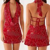 MQTIME  -  Women Sleeveless Beaded Floral Embroidery Straps Lace-up Halter Cowl V-Neck High Slit Tied Backless Mini A-line Dress