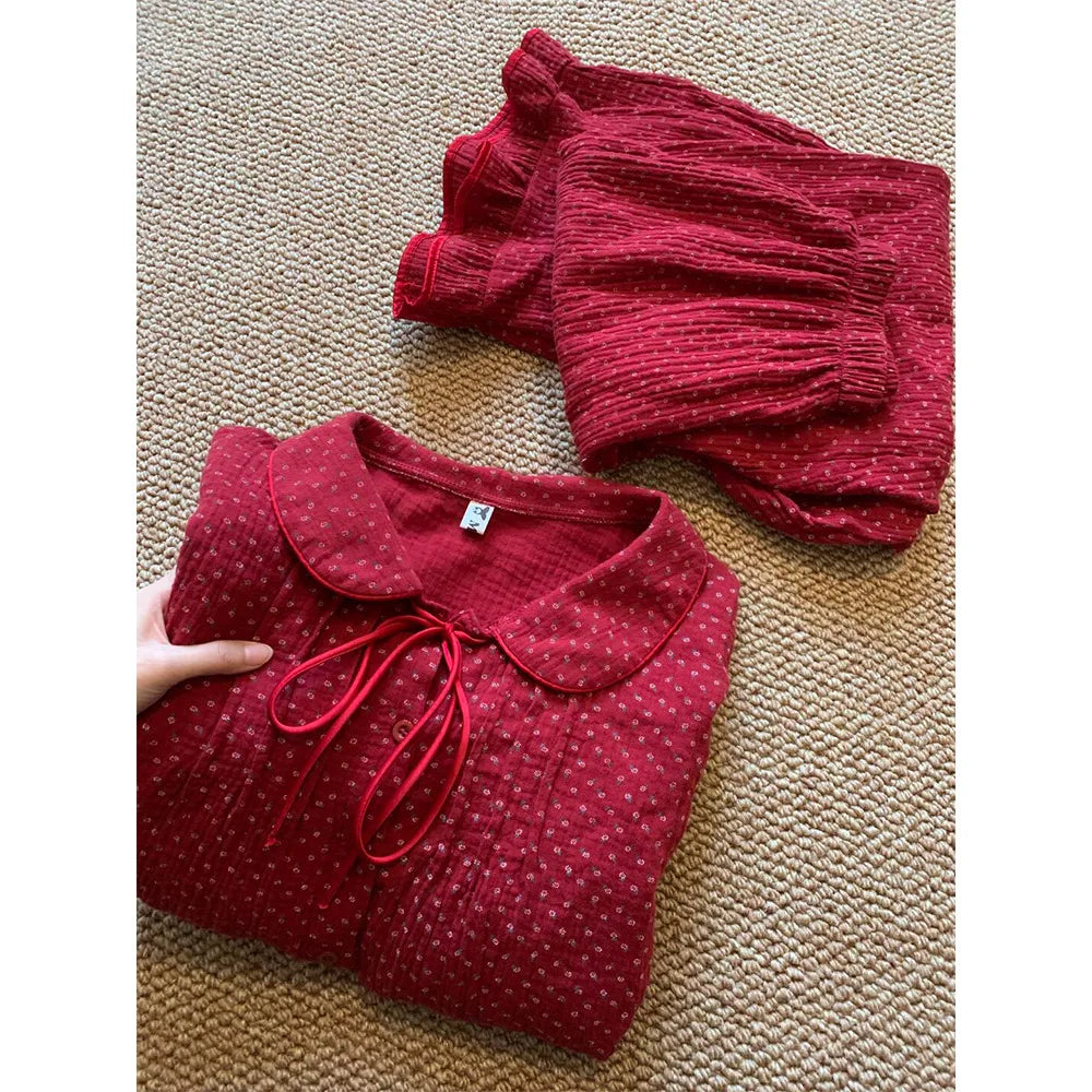 MQTIME  -  French Retro Red Floral Pajamas Women's Spring and Autumn Festive Loungewear Two-piece Set Comfortable Breathable Skin-friendly