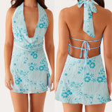 MQTIME  -  Women Sleeveless Beaded Floral Embroidery Straps Lace-up Halter Cowl V-Neck High Slit Tied Backless Mini A-line Dress