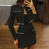 MQTIME  -  Y2k Pearl Dress Sets Women Autumn Long Sleeve Coat And Mini Dress Two Piece Sets Femme Sexy Strapless Dress Matching Sets