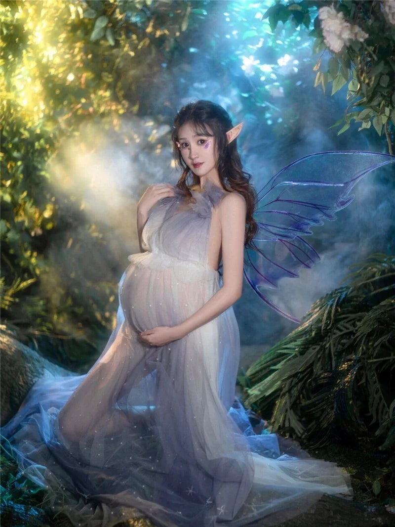 MQTIME  -   Women Photography Props Champange Mesh V-neck Fairy Elegant Maternity Dresses Perspective Pregnancy Dress for Studio Shooting