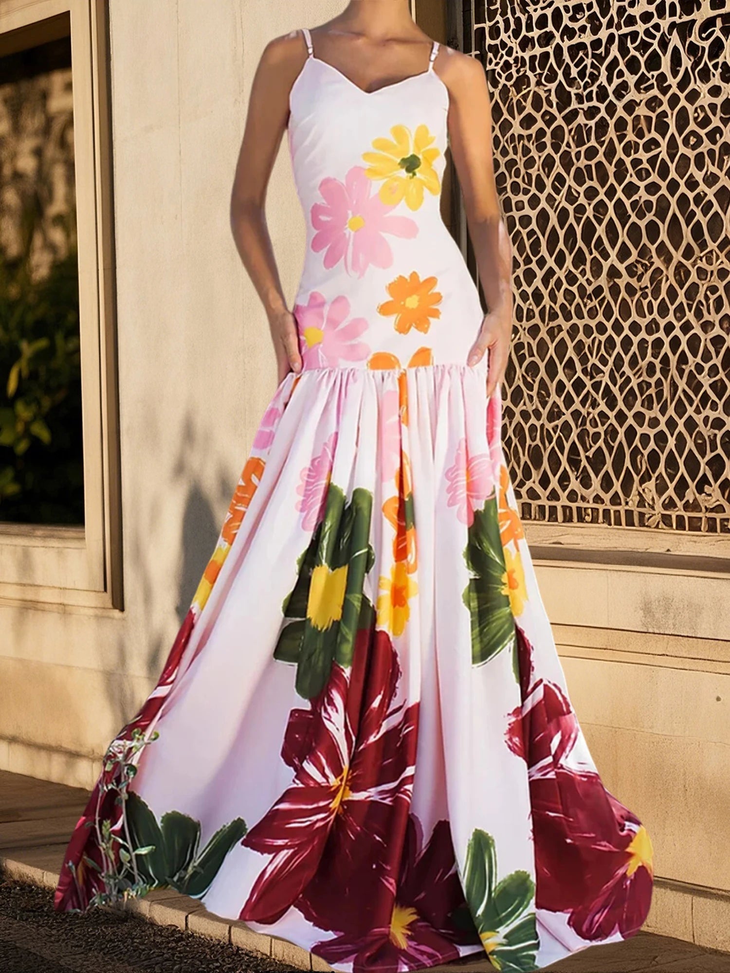 MQTIME  -  Women s Boho Floral Print Spaghetti Strap Maxi Dress Sleeveless Flowy Hem Summer Beach Cami Dress with Pockets