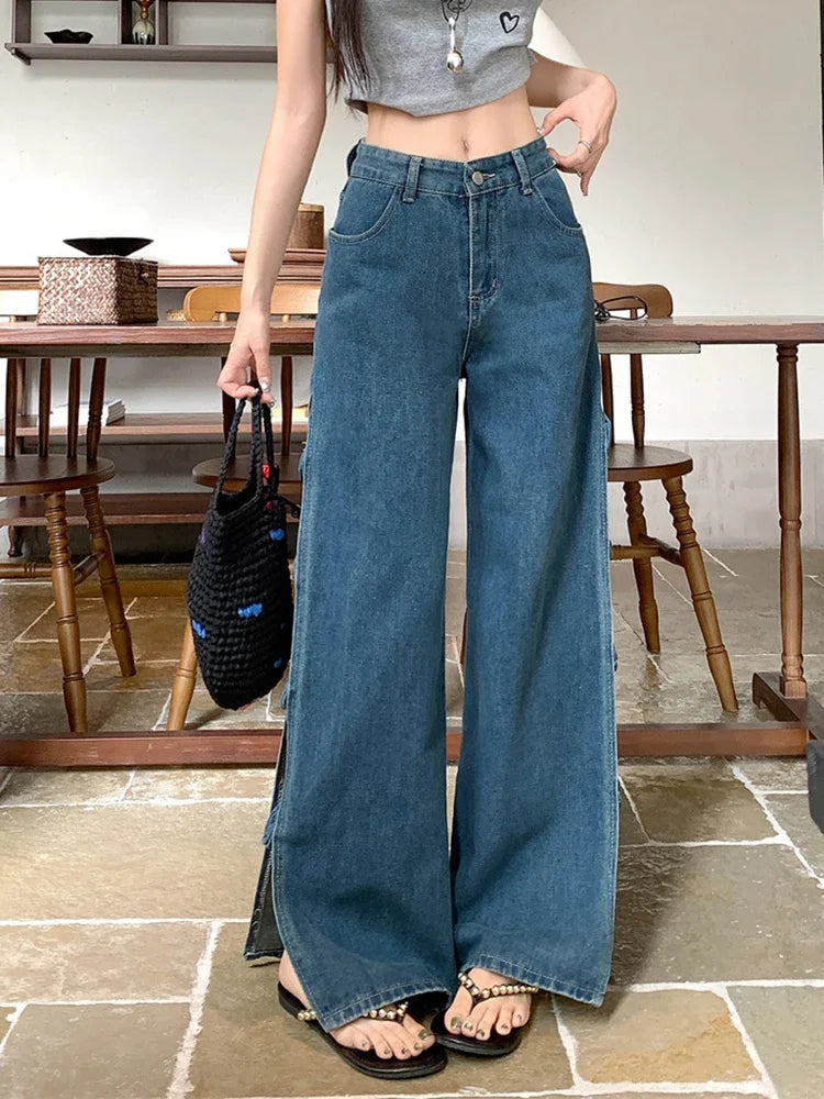 MQTIME  -  3D Floral Hollow Out Women Jeans Split Hotsweet Summer Casual Fashion Full Length Denim Pants Blue Streetwear Loose Trousers