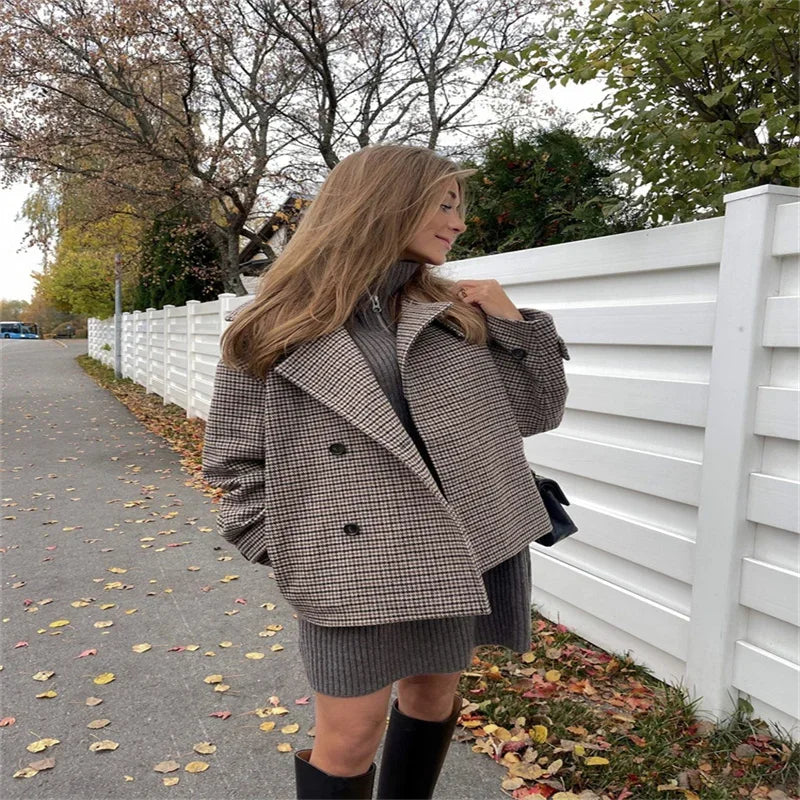 MQTIME  -  Women's Brown Plaid Print Stand Collar Asymmetric Button Front Jacket With Long Sleeves Casual Outerwear 2025 Autumn Lady Coat