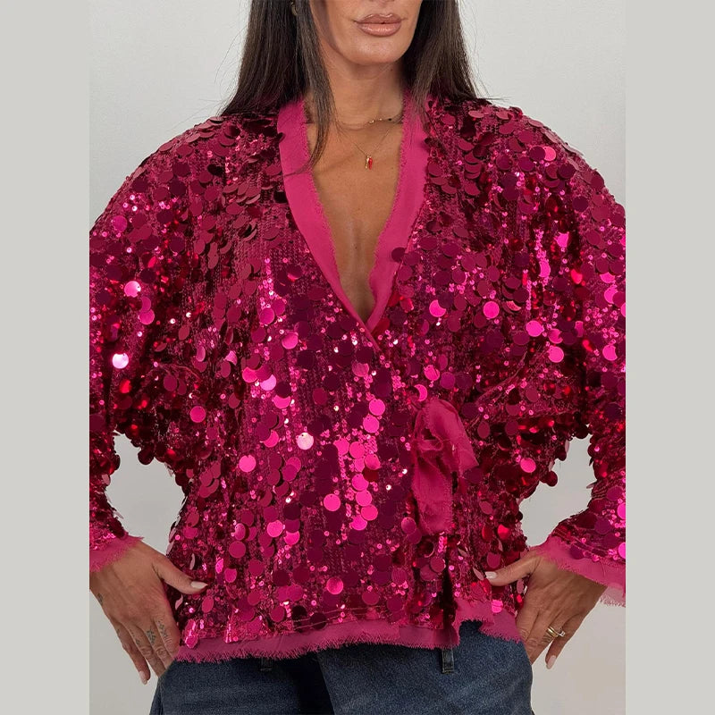MQTIME  -   Luxury Sequin Oversized Wrap Jacket Fringe Trim Tie-Waist V-Neck Sparkly Coat Women's Casual Party Club Streetwear Outfits