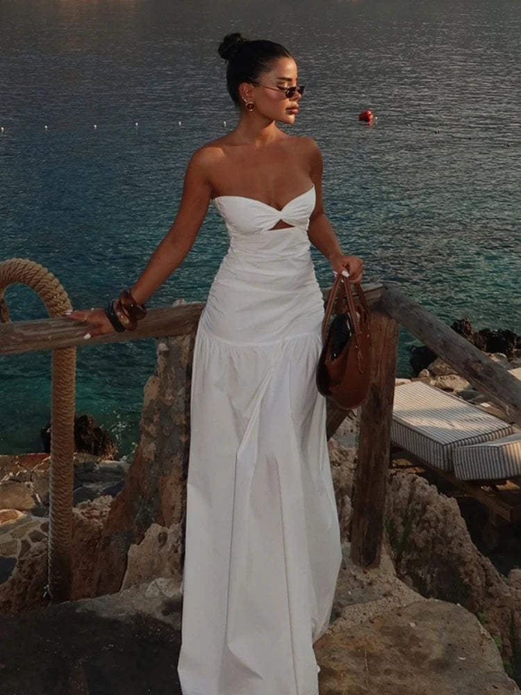 MQTIME  -  Summer European Style Tube Top High Waist A-Line Dress New Sexy Beach Vacation Solid Sleeveless Dresses Hollow Out Maxi Dress