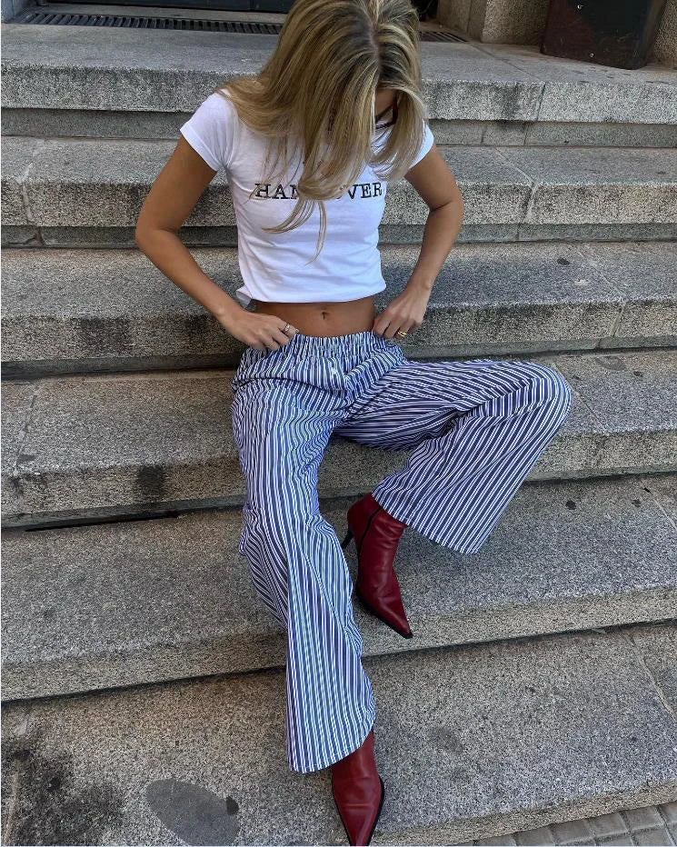 MQTIME  -  Womens Casual Cleanfit Striped Pants Elastic Low Waist Striped/Plaid Loose Aesthetic Trousers Streetwear with Pockets